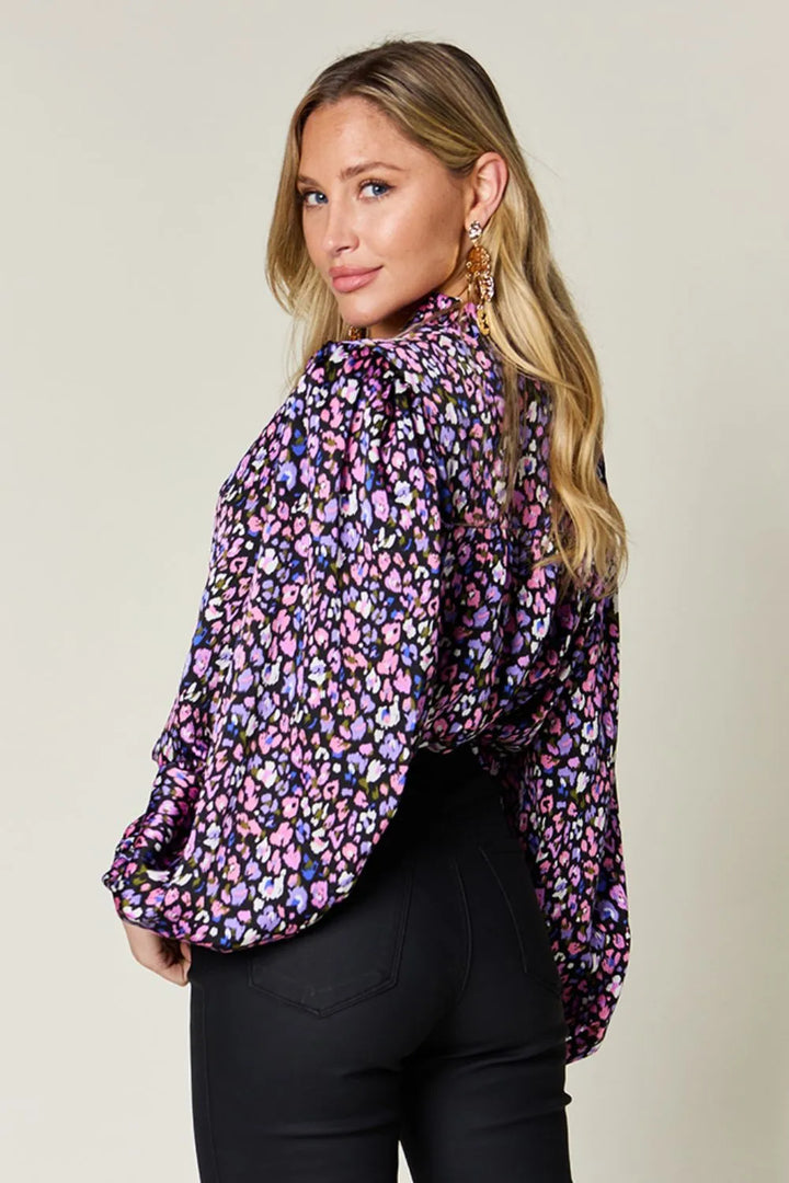 Balloon sleeve floral print button-up shirt