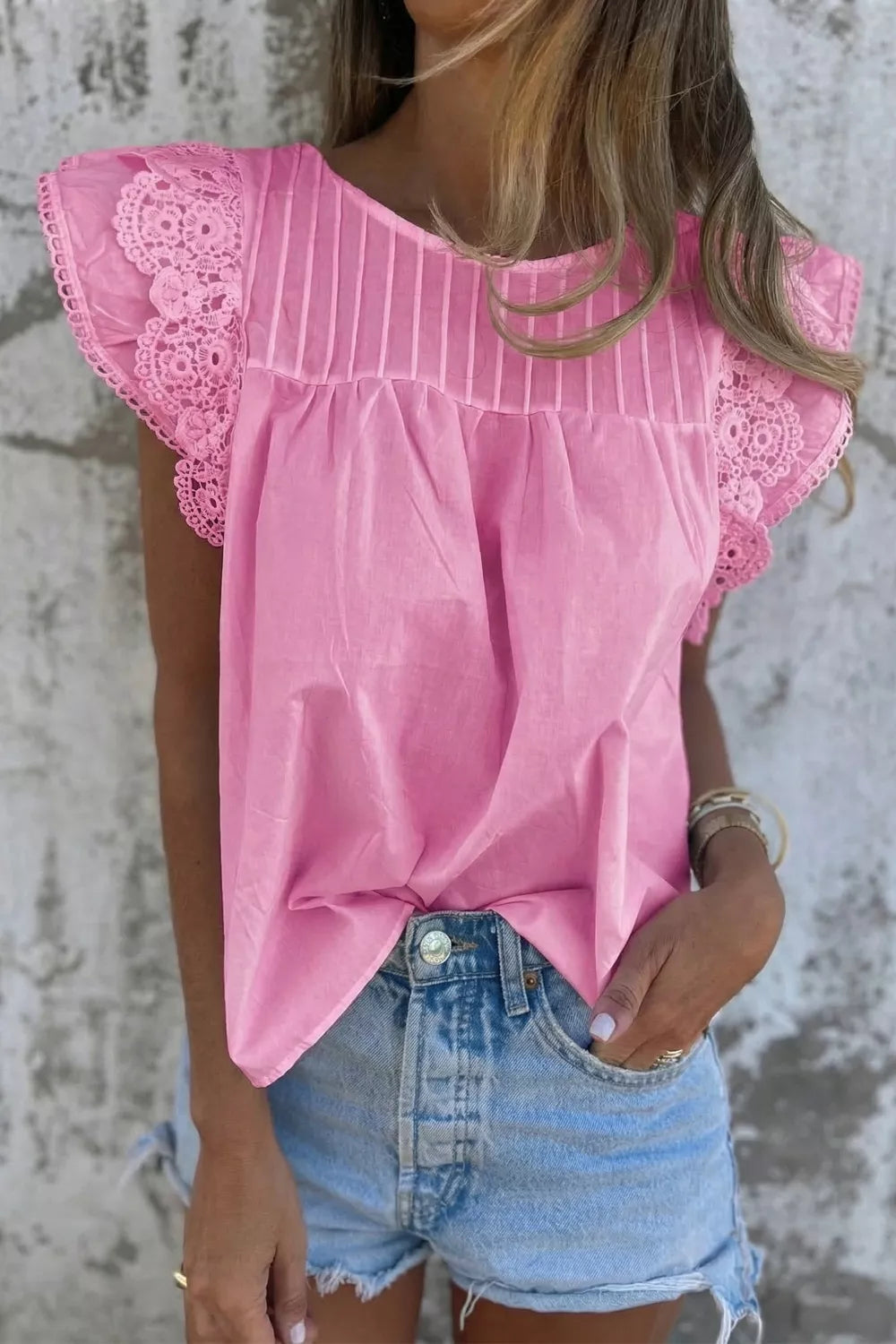 Pink Lace flutter sleeve pintuck yoke round neck blouse