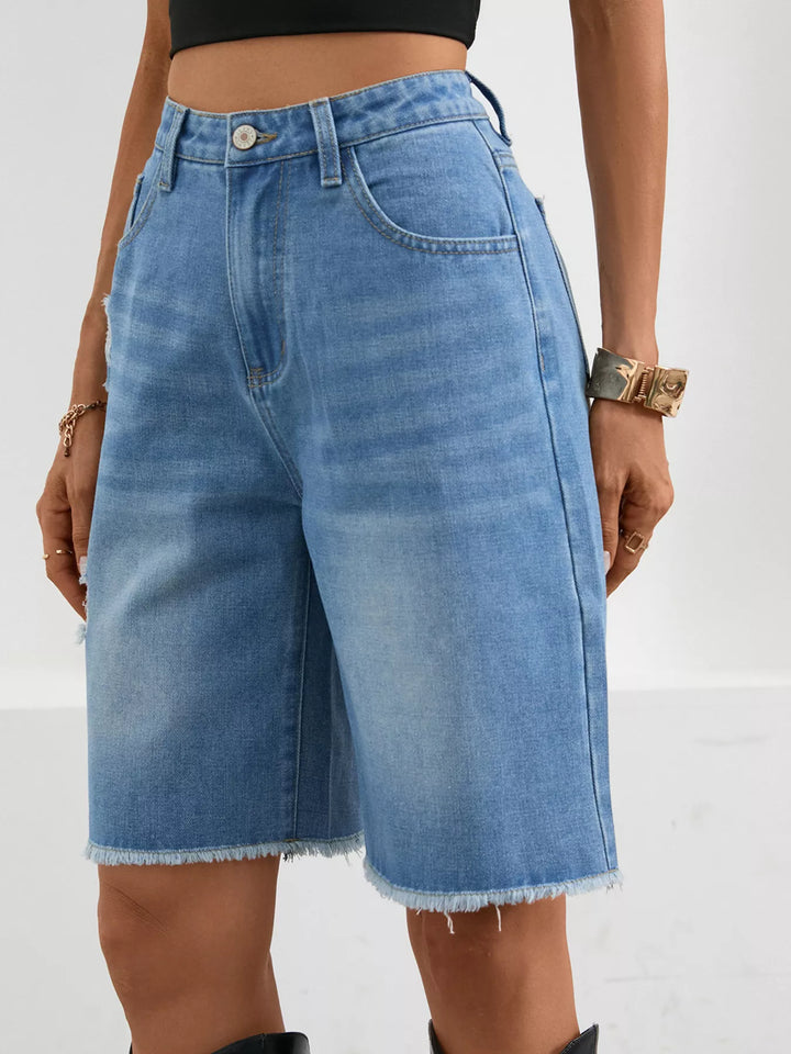 Distressed high-rise denim bermuda shorts with frayed hem