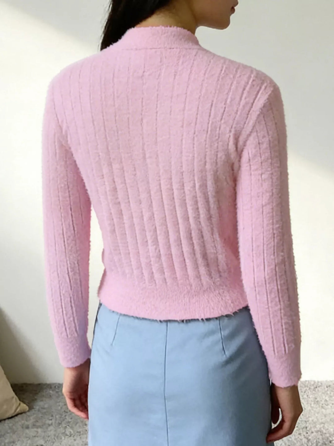 Fuzzy brushed knit button-up cropped cardigan