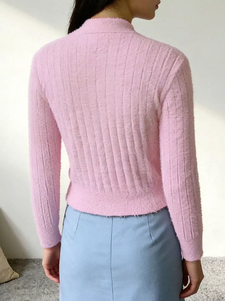 Fuzzy brushed knit button-up cropped cardigan