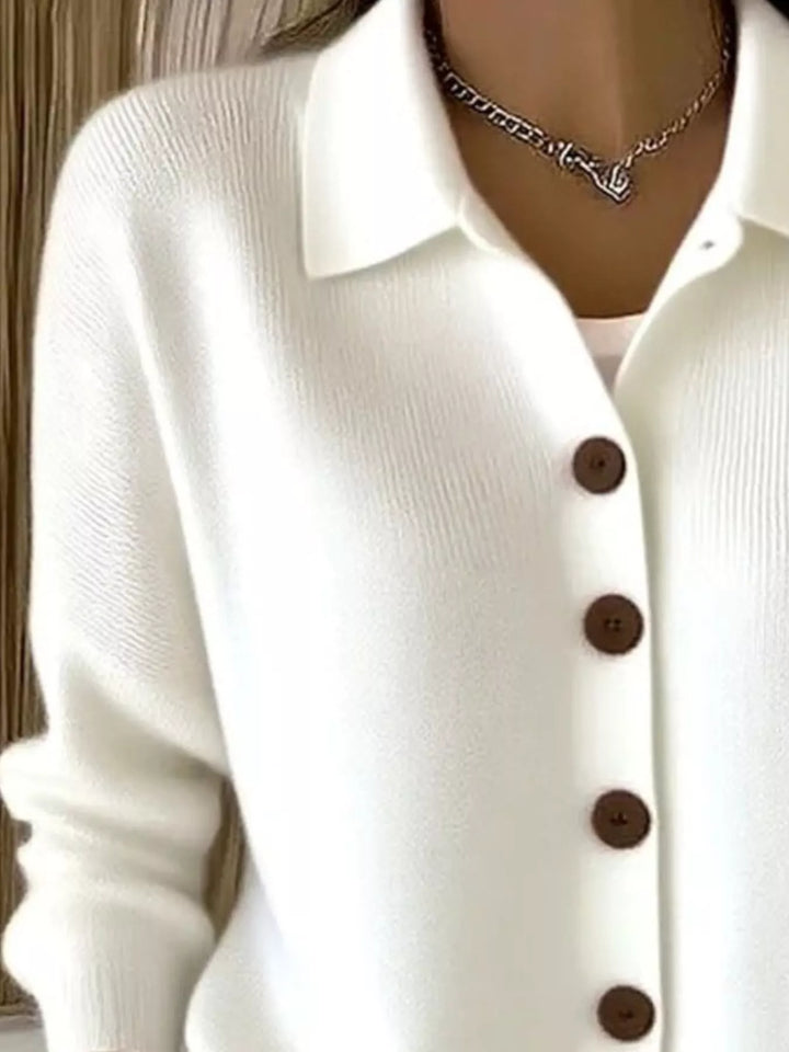 Collared button-front knit cardigan with contrast buttons