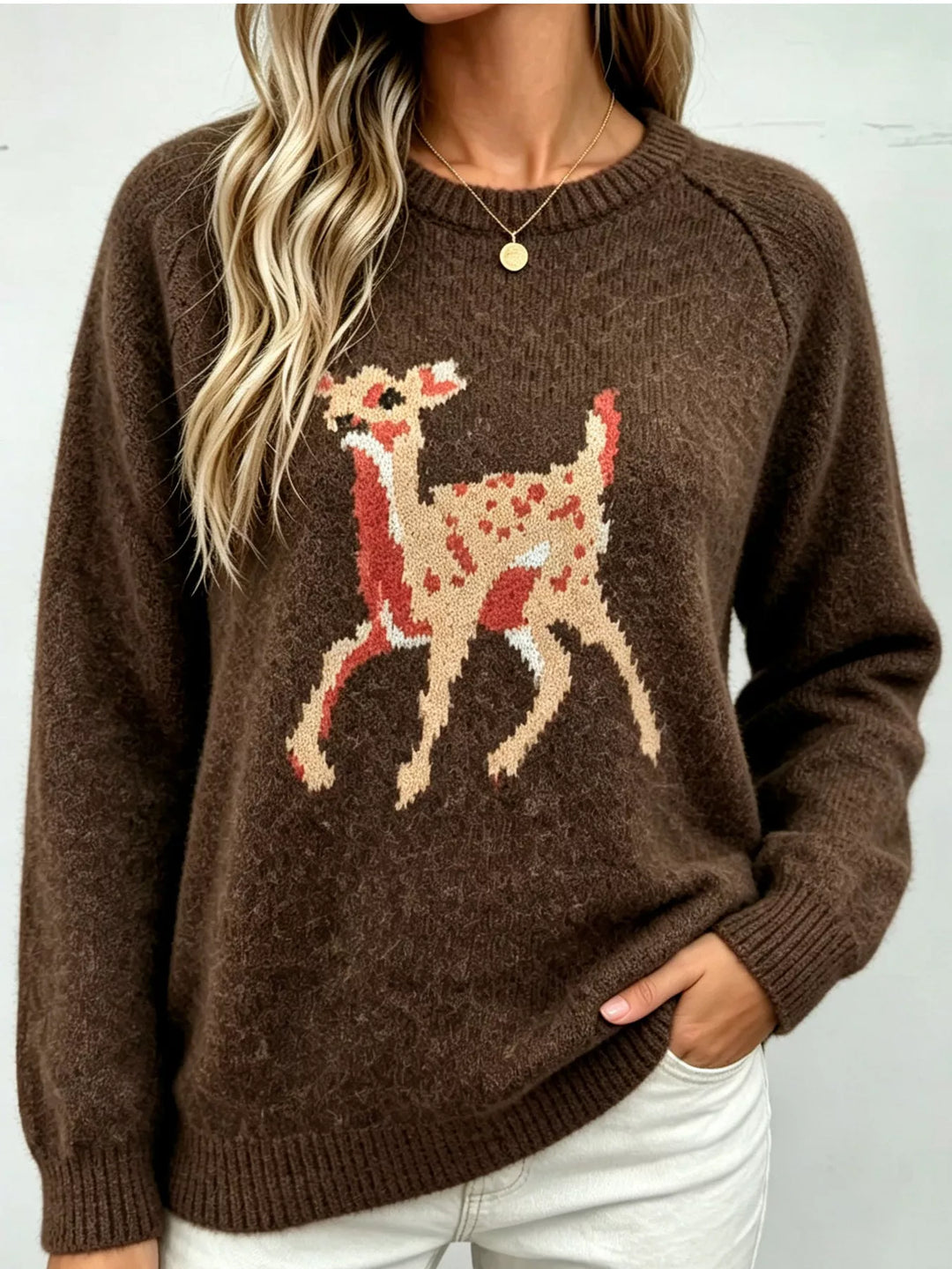 Brown Deer knit raglan sleeve pullover sweater with ribbed trim