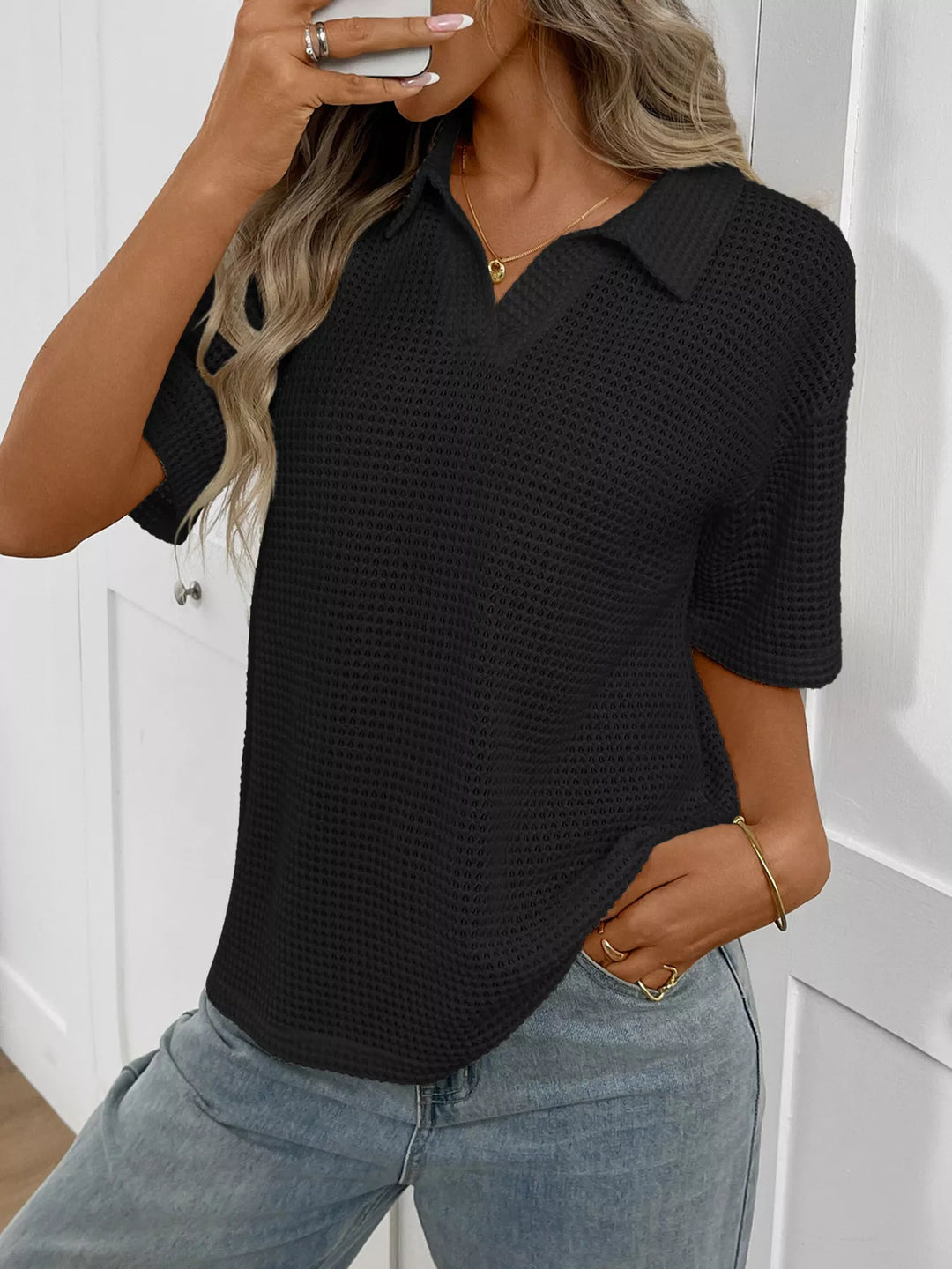 Striped waffle-knit collared short sleeve top