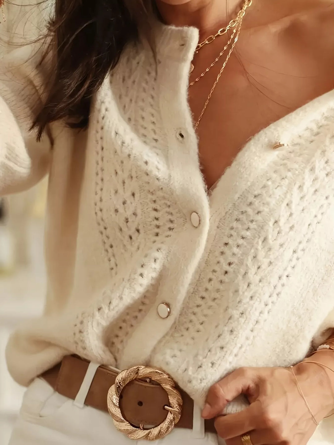 Button-down eyelet knit cardigan with puff sleeves