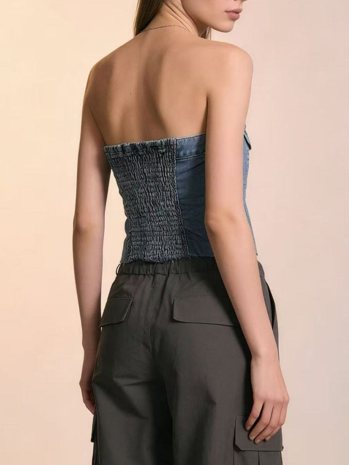Raw-hem button-front strapless denim crop top