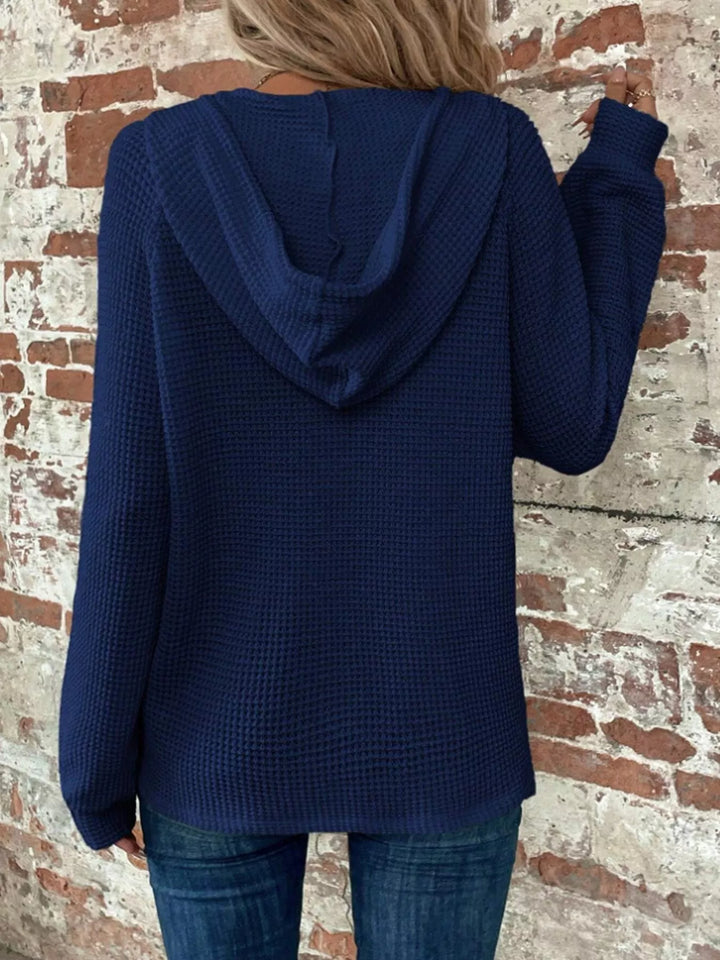 Waffle knit button-front hoodie with drawstring hood