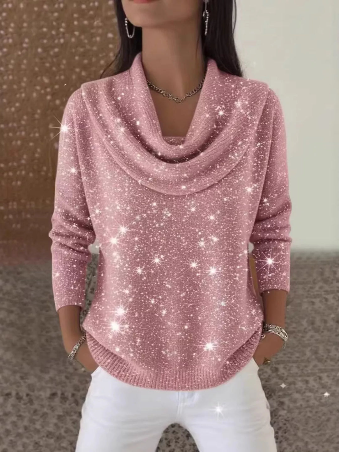 Pink Metallic ribbed knit cowl neck sweater with curved hem