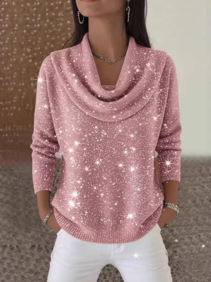 Pink Metallic ribbed knit cowl neck sweater with curved hem