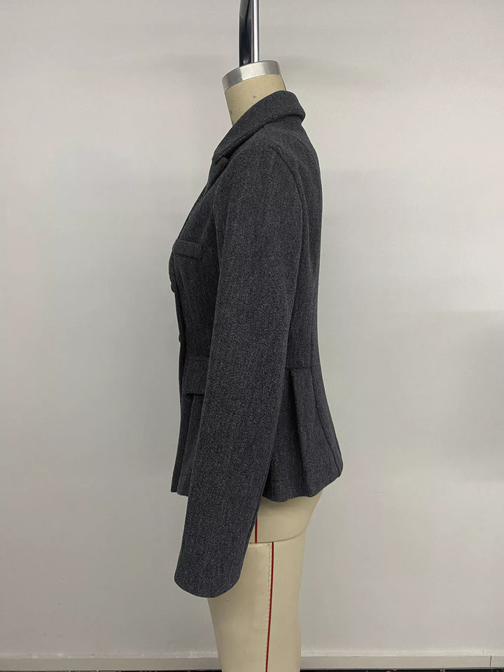 Double-breasted peplum blazer with notch lapel and flap pockets