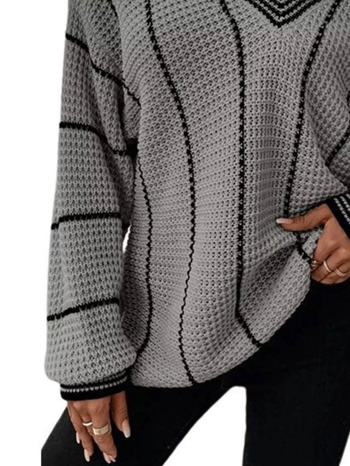 Waffle knit V-neck sweater with contrast stripe trim