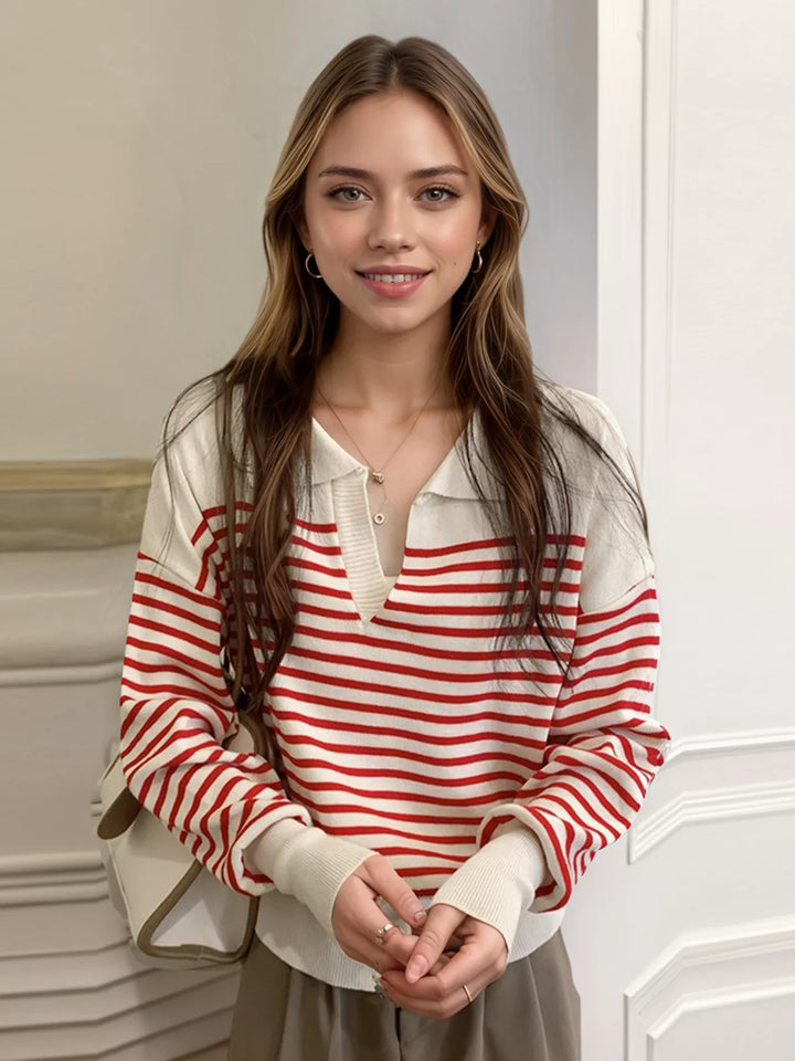 Striped collared knit top with long sleeves