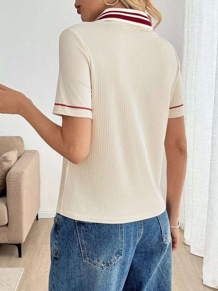 Ribbed knit polo top with striped collar trim