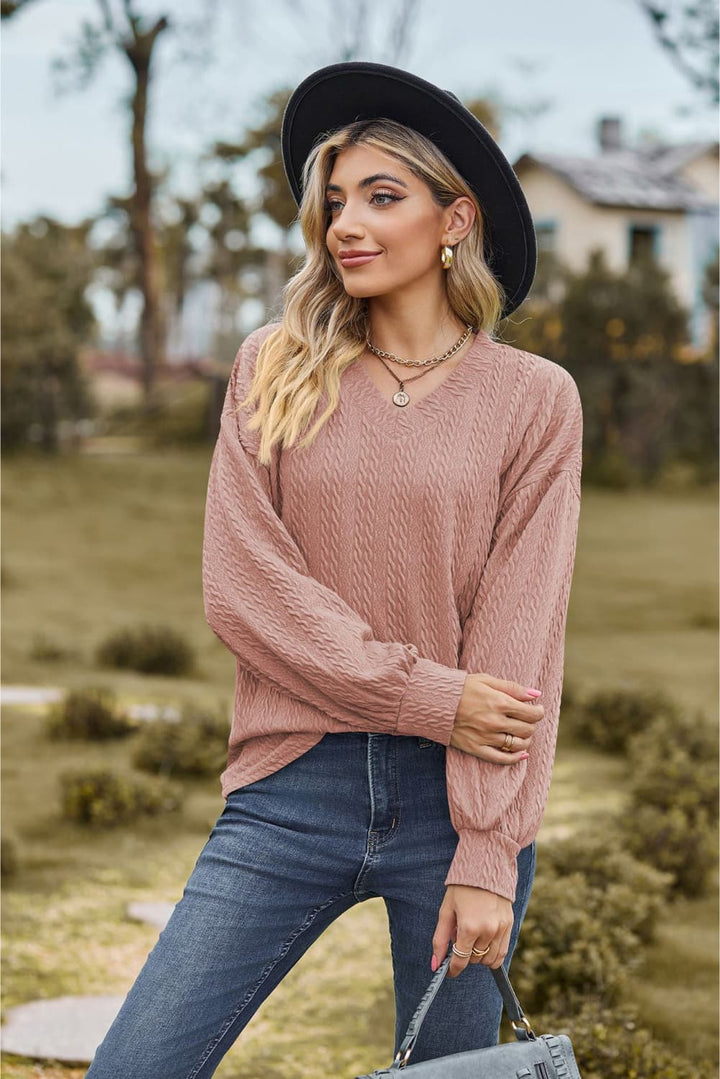 Textured knit V-neck top with dropped shoulders