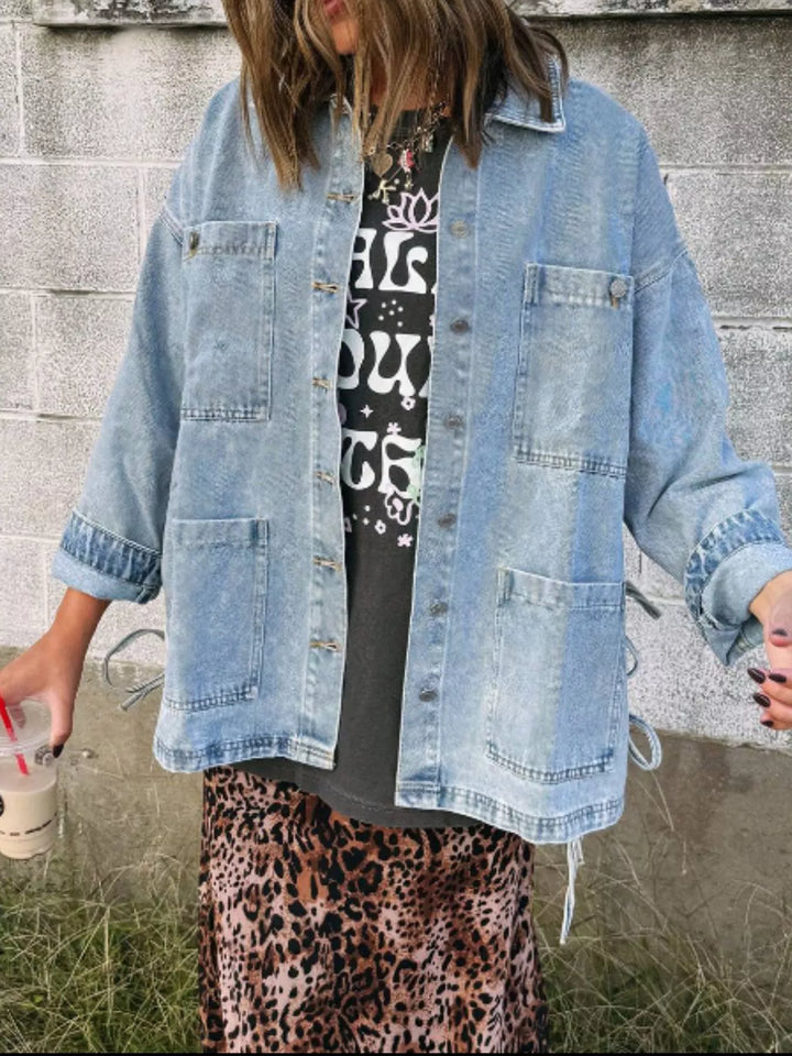 Oversized denim jacket with patch pockets and side ties