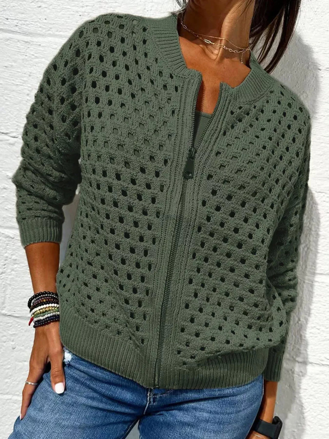 Army Green Open-knit zip-up bomber cardigan with ribbed trim