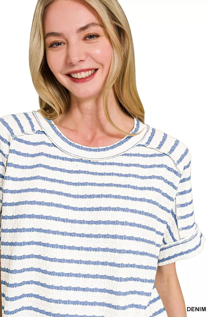 Textured stripe jacquard round neck tee with cuffed sleeves