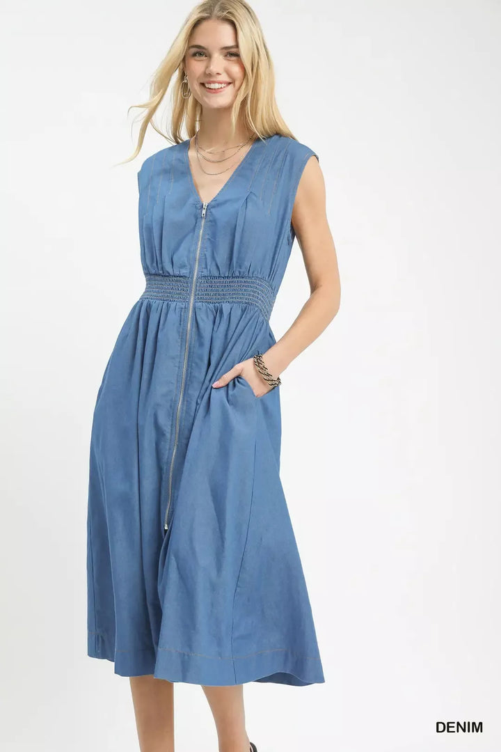 DENIM Sleeveless zip-front denim midi dress with smocked waist
