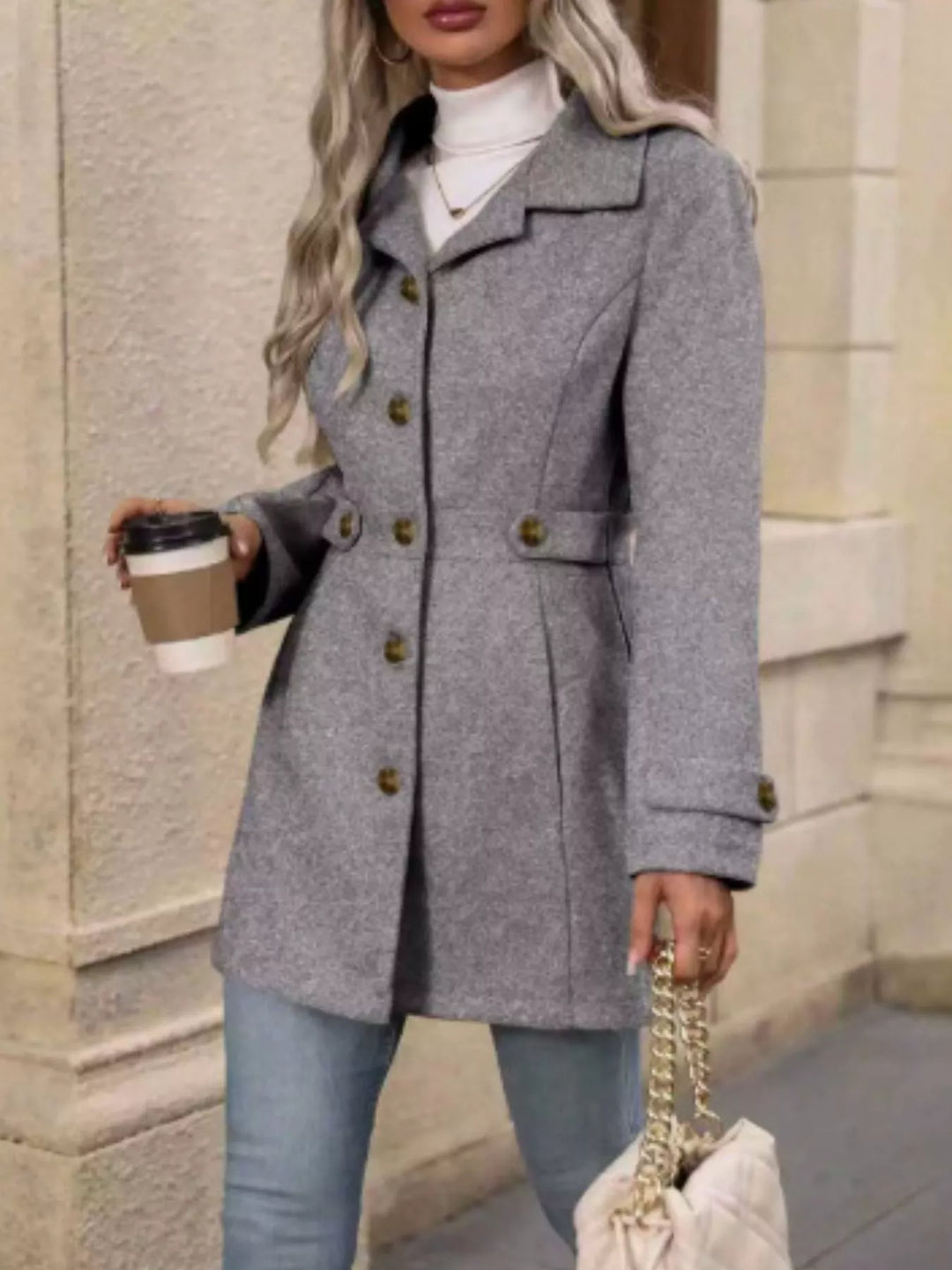 Dark Gray Notched lapel button-up coat with waist tabs