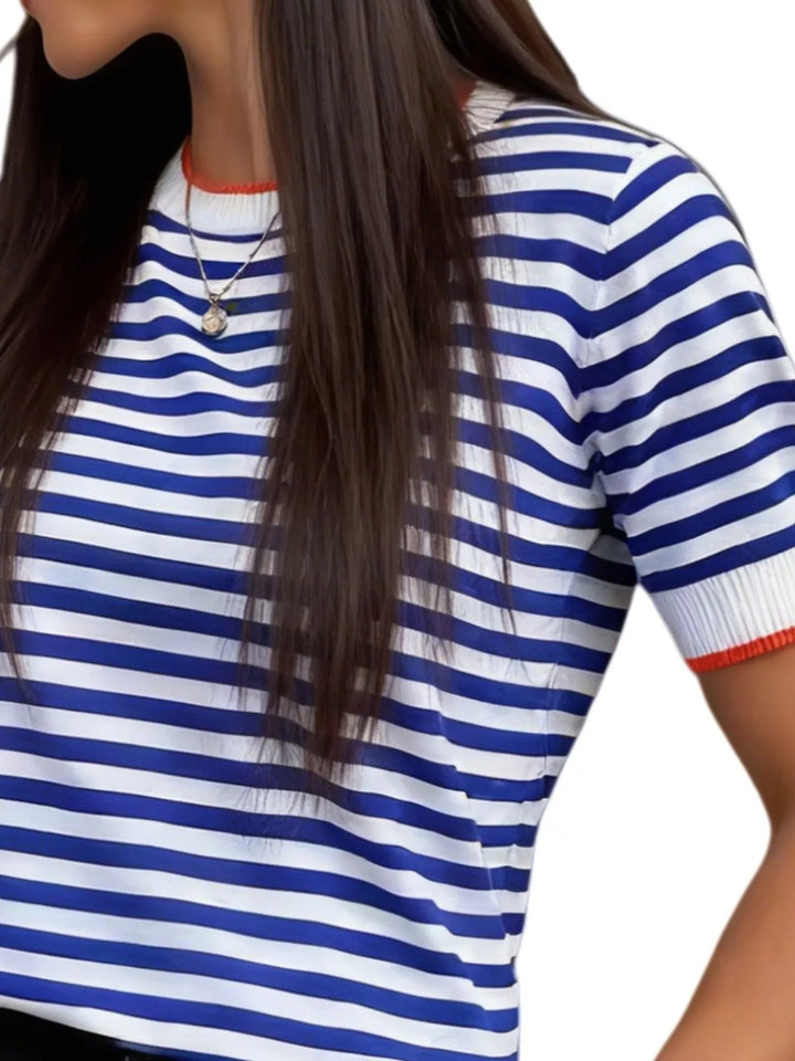 Striped short sleeve knit top with contrast ribbed trim