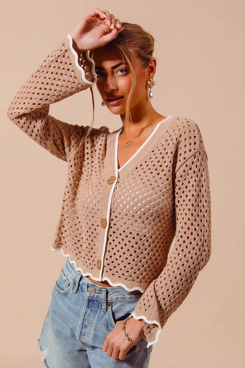 Open knit button-front cardigan with scallop contrast trim