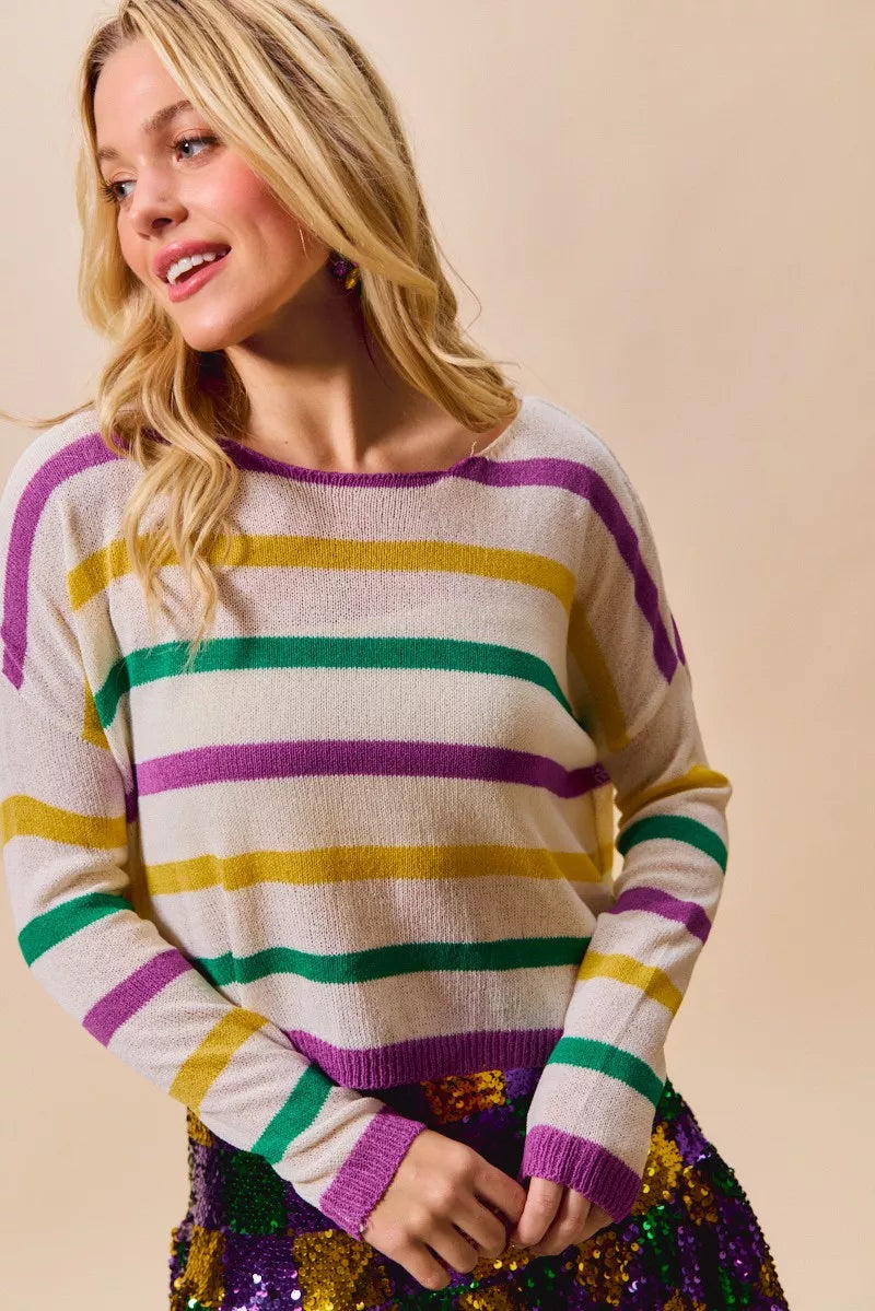 Color stripe lightweight knit sweater with boat neck