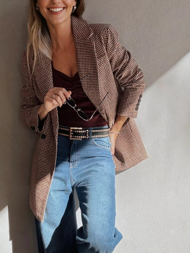 Houndstooth notched lapel longline blazer with buttons