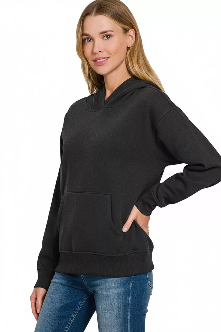 Fleece pullover hoodie with kangaroo pocket and ribbed hem