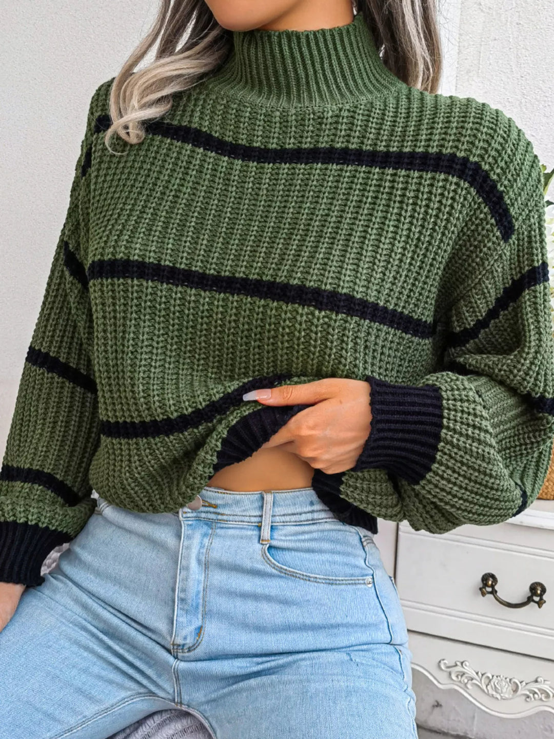 Green Striped mock neck chunky ribbed knit sweater