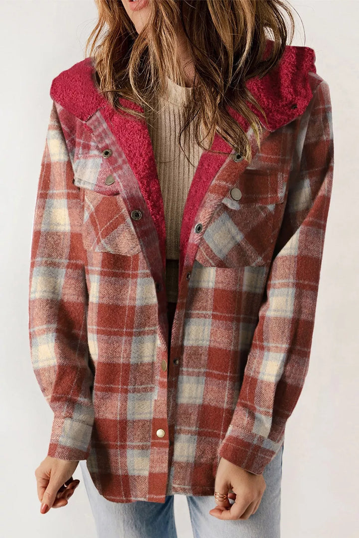 Rust Sherpa-lined plaid hooded shacket with snap front
