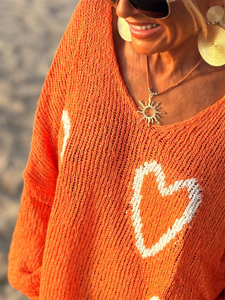 Heart motif V-neck dropped-shoulder knit sweater