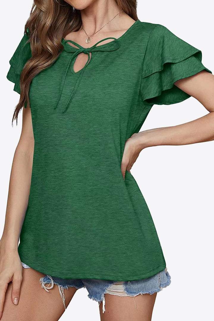 Tiered flutter sleeve blouse with split tie neck
