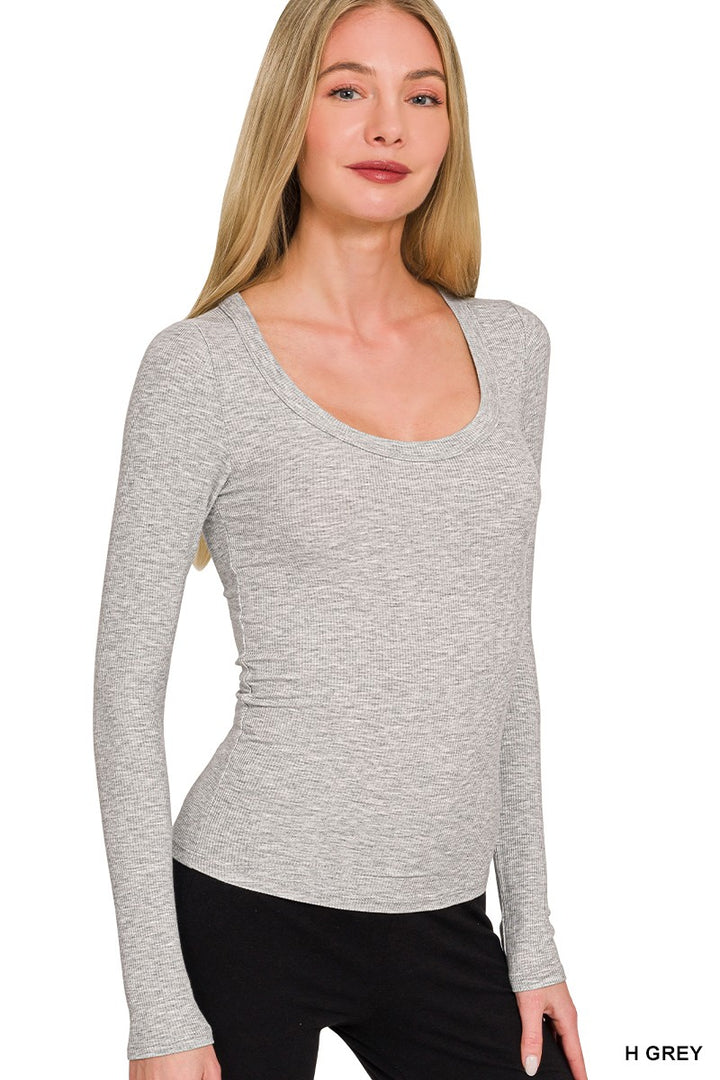 Fitted ribbed knit scoop neck long sleeve top