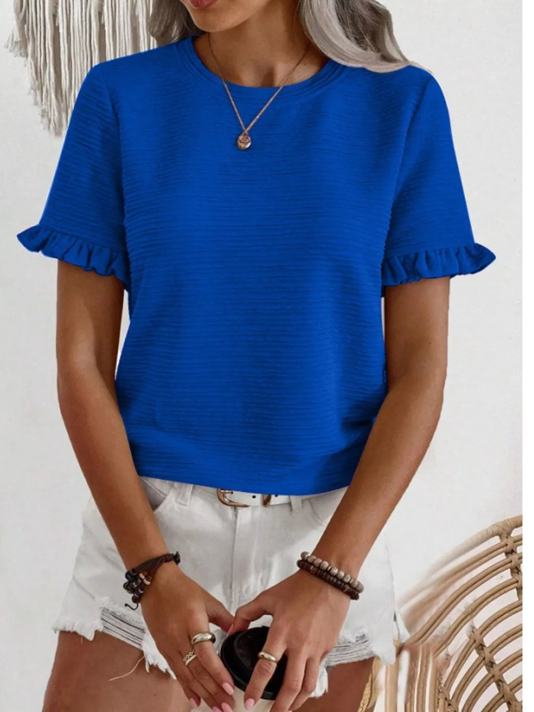 Ruffle-cuff crew neck top with crinkle texture
