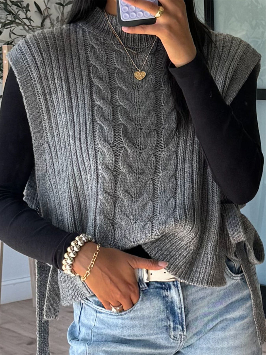 Chunky cable knit sweater vest with mock neck