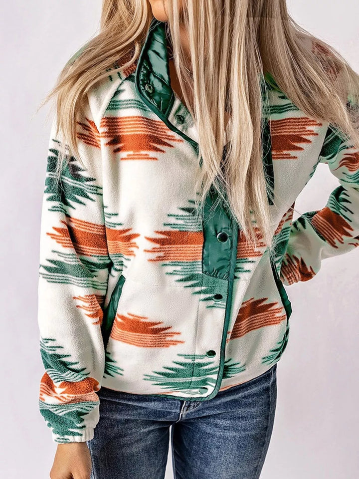 Green Aztec print fleece snap-front jacket with zip chest pocket