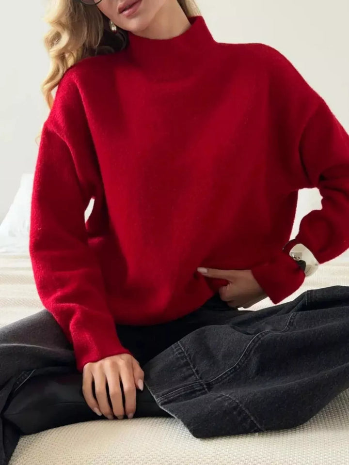 Ribbed mock neck dropped shoulder knit sweater