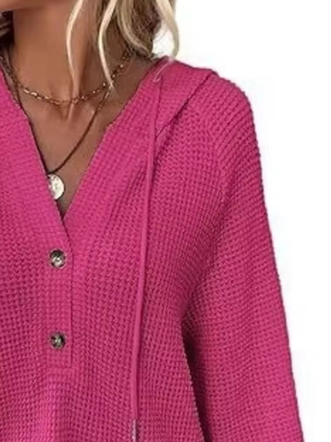 Button-detail waffle knit hoodie with drawstring hood