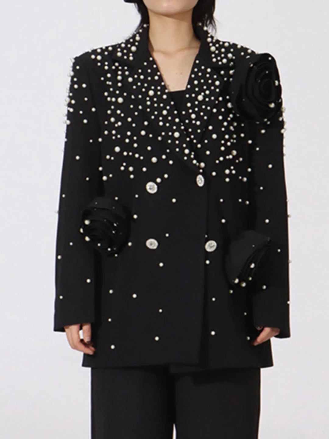 Black Pearl beaded double-breasted blazer with rosette appliques