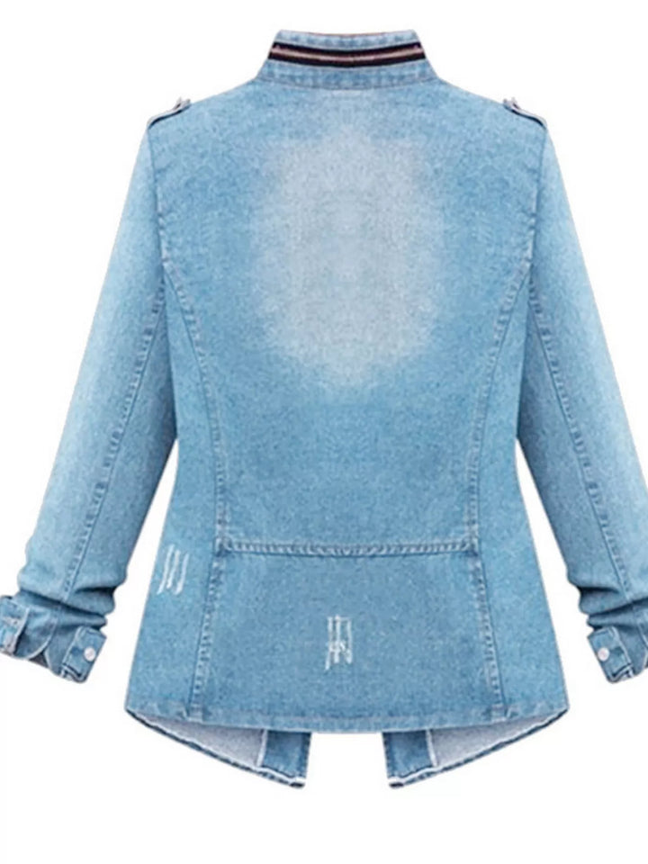 Distressed zip-up utility denim jacket with cinched waist