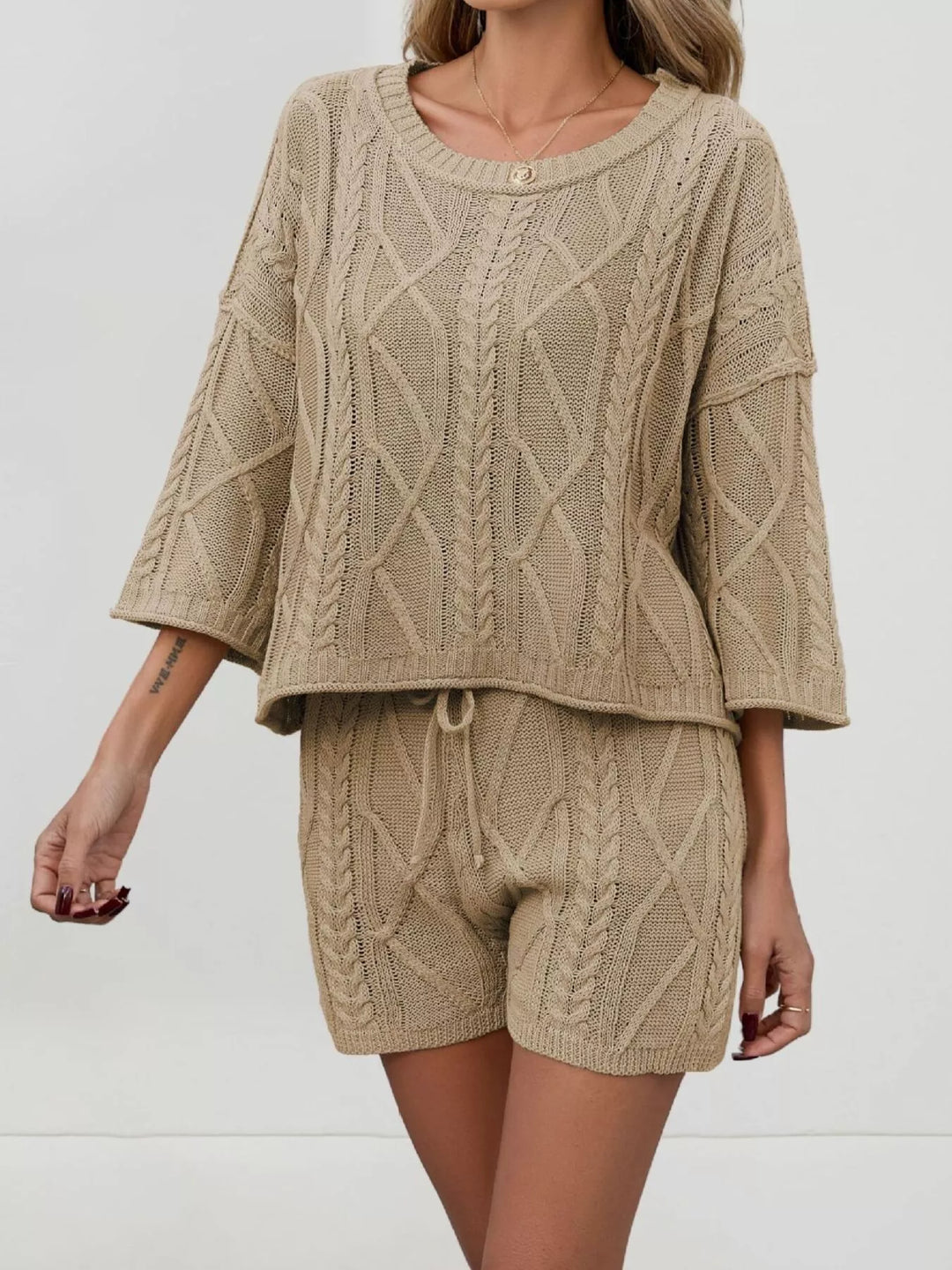 Cable knit three quarter sleeve sweater and shorts set