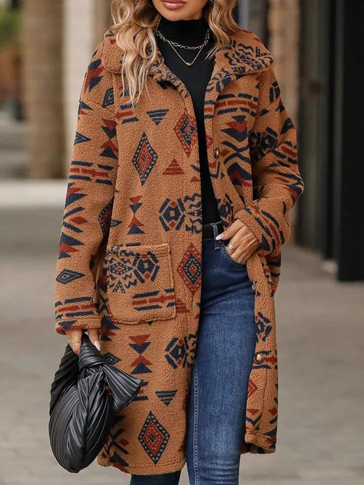 Brown Aztec print button-up longline fleece coat