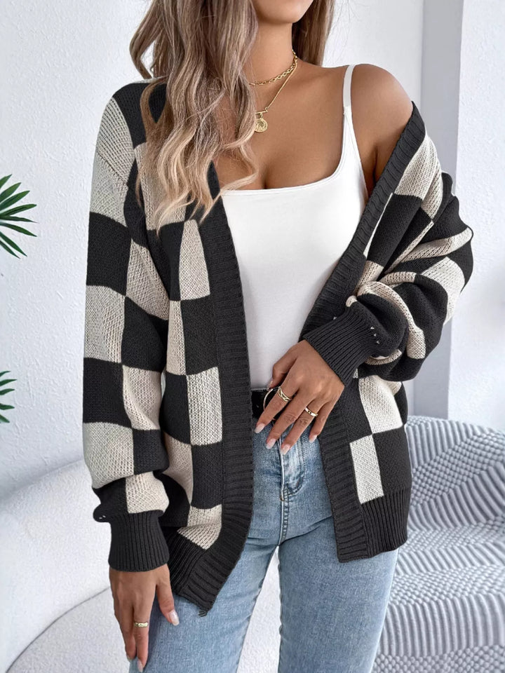 Checkerboard open front knit cardigan with ribbed trim