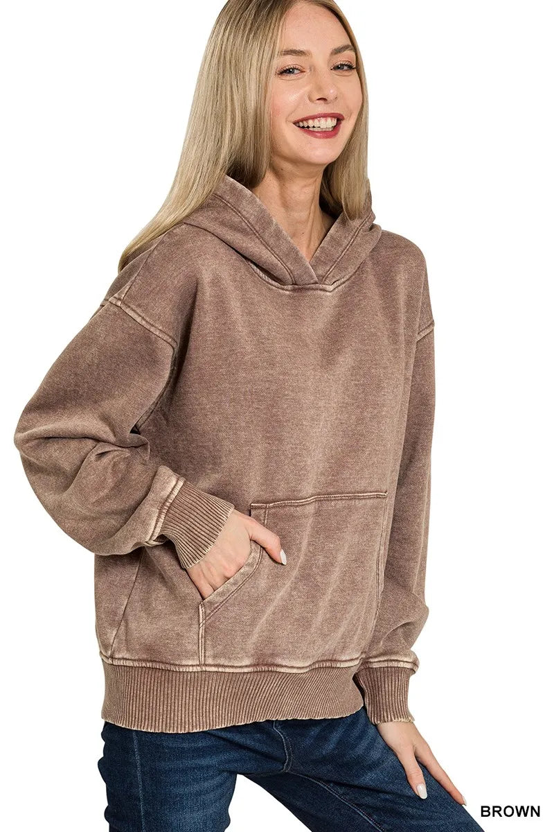 Acid wash fleece pullover hoodie with kangaroo pocket