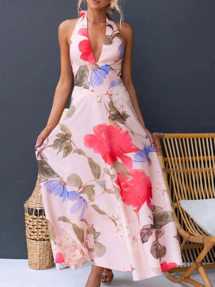 Beige Floral print halter maxi dress with lace-up back