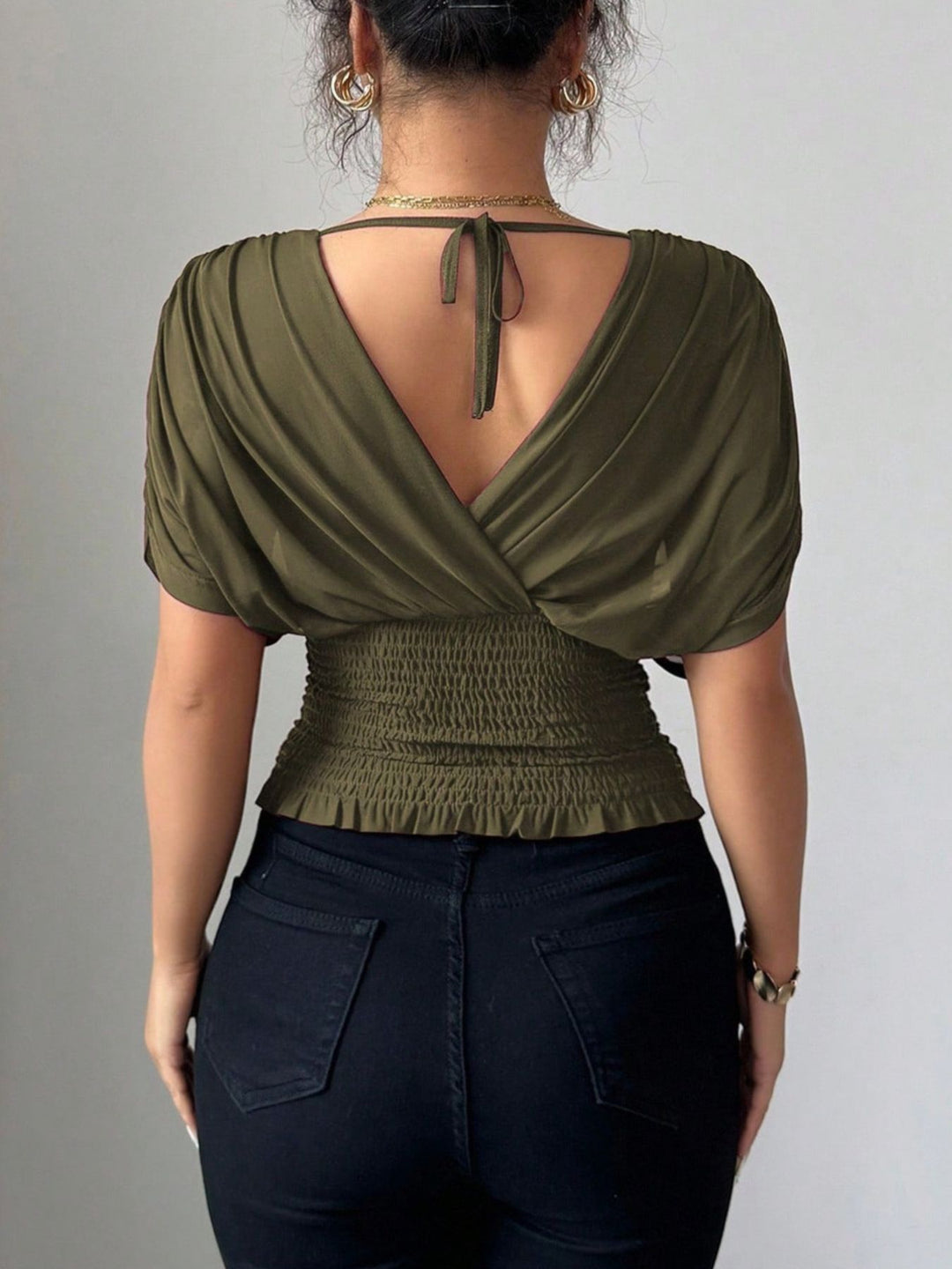 Ruched surplice wrap top with short dolman sleeves