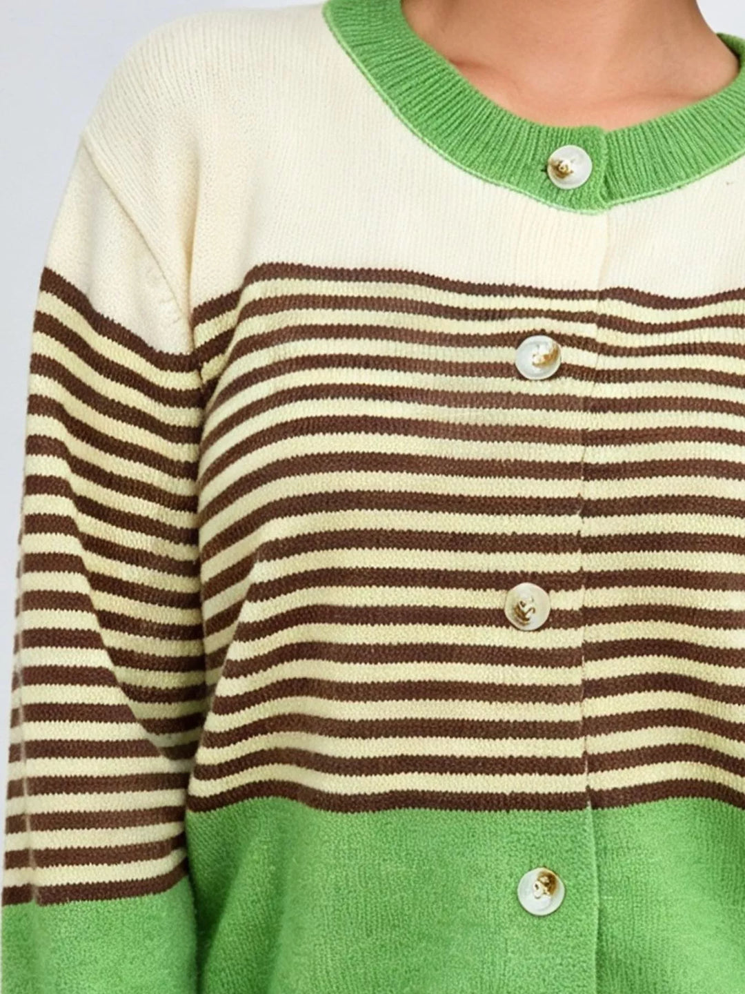 Striped color block button-up cardigan with ruffle cuffs