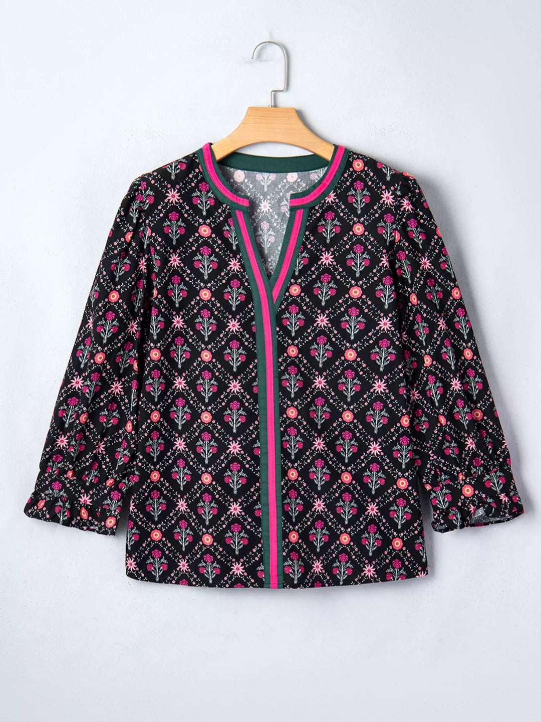 Vintage floral contrast V-neck blouse with bracelet sleeves
