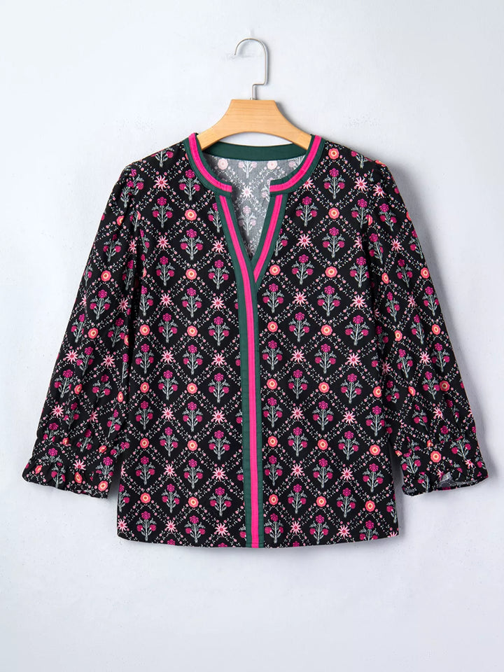 Vintage floral contrast V-neck blouse with bracelet sleeves