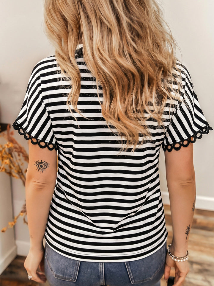 Striped v-neck tee with scalloped lace-trim sleeves